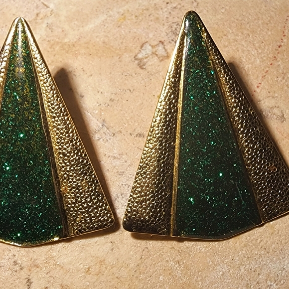 Vintage 80s does 30 sparkle glitter green and gold post earrings - Picture 4 of 8